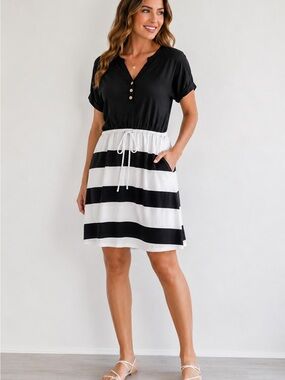Women’s Black White Striped Dress Size L V Neck Casual Summer Pockets AUSELILY